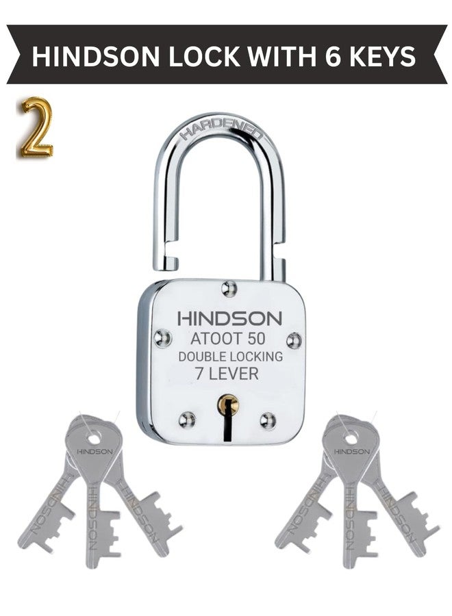 HINDSON Same Key Atoot 50mm Square Padlock, Pack of 2 Locks with 6 Same Keys, Double Locking Padlock with Hardened Shackle & 7 Lever Mechanism for Door, Gate & Shutter (Silver Finish) - Image 4